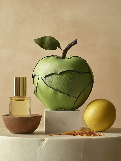 photo of a imaginery apple made of green leather in front of a small glass perfume bottle in the shape of a cylinder with a gold cap balanced atop a yellow quince. next to it there is a small marble plinth with a small terracotta bowl filled with saffron strands, and on the otherside another smaller plinth with a crocus. the colours are muted and its a beautiful photographic composition with crisp colours. --ar 3:4 --cref https://s.mj.run/E2Jay94E9ig --v 6.1 Job ID: 3cfda7eb-8e50-48c4-a38c-a4d59974952f