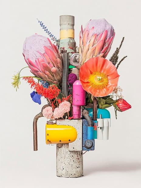 A still life composition featuring a large bouquet of exotic flowers, such as protea, amaryllis, and similar varieties, arranged with industrial and technical elements of varying sizes. These include metallic pipes, concrete components, glass pieces, and opaque plastic in bright colors, possibly with some technical markings. The background is white with small, bright-colored accents created by scattered objects. --ar 3:4 --personalize rqnuwxv --v 6.1 Job ID: 130d7c5f-1959-4965-a2f0-026f199c971b
