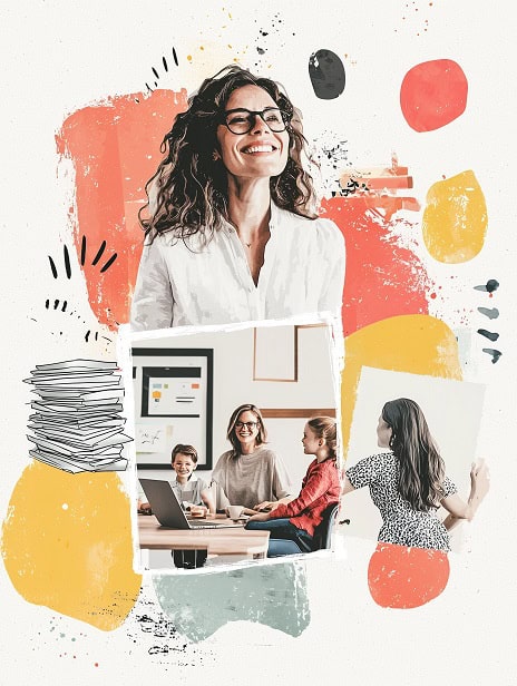 vision board collage featuring symbols of success, financial growth, freedom, work-life balance, and family happiness. Include images of a modern home office with a laptop and business documents, a stack of money, a family spending joyful moments together, a white woman confidently leading a meeting, and a woman playing with her children. Add elements that represent joy and fulfillment, such as smiling faces, nature, and moments of relaxation. The overall tone should be inspiring, dynamic, and empowering, showing a blend of professional achievement and personal happiness --ar 3:4 --quality 2 --personalize rqnuwxv --v 6.1 Job ID: 23ffd18a-19a2-48db-8ad3-c8bfb41cd107