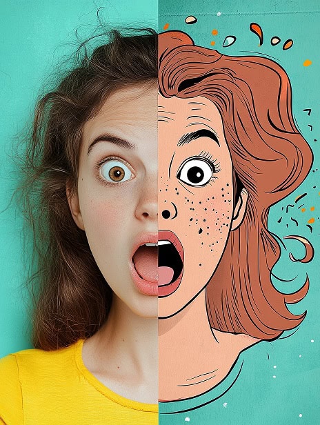 https://s.mj.run/O4XQjjwOWUE one half of the picture is a vintage photo of a woman, making a A curious and interested look face, the other half with perfect transition continues as a cartoon character of the same woman with psychedelic colors --chaos 20 --ar 3:4 --style raw --sref https://s.mj.run/O4XQjjwOWUE --stylize 500 --v 6.1 Job ID: da556894-aaa8-45bb-8fb9-944ee84968f1